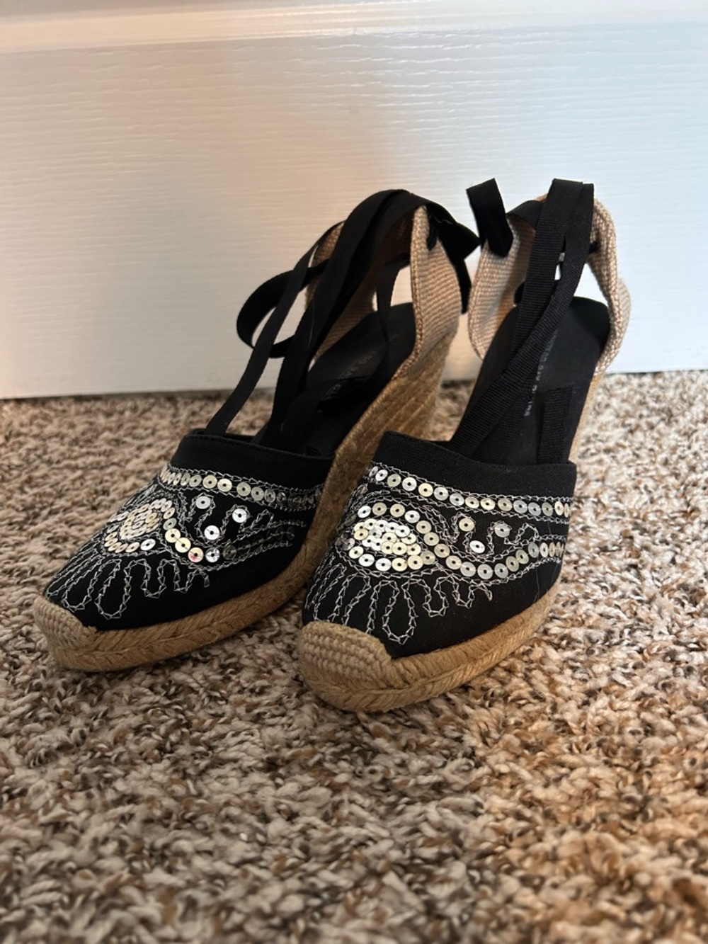 Montego Bay Club Black Sequin Ankle-Tie Wedge Espadrilles - Picture 2 of 10
